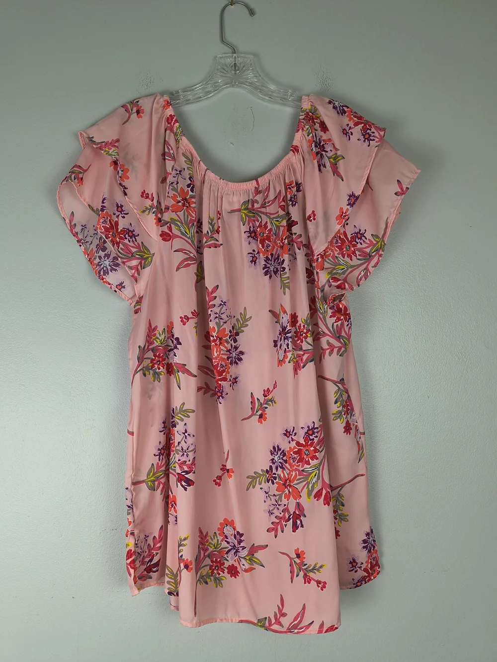 Terra & Sky Top Women's 1X Pink Purple On Off Shoulder Peasant Floral Ruffle